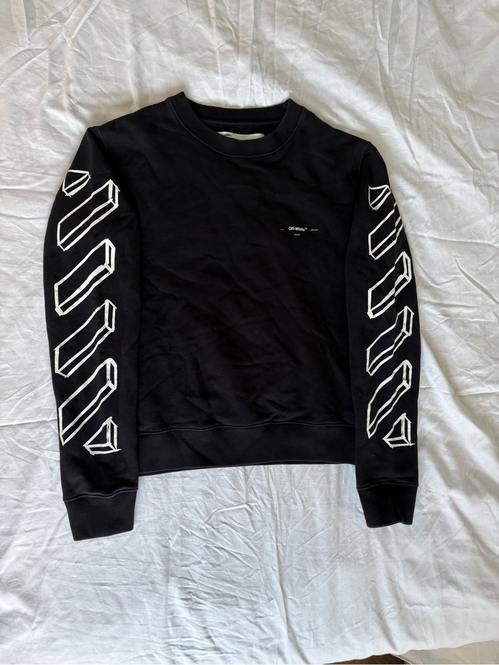 Off-White Black Crewneck with White Diagonal Sleeve Graphics